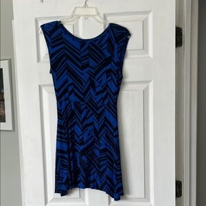 Bright blue and black abstract pattern dress.  Sexy back cut out.